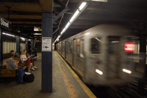 Subway train arriving at a station